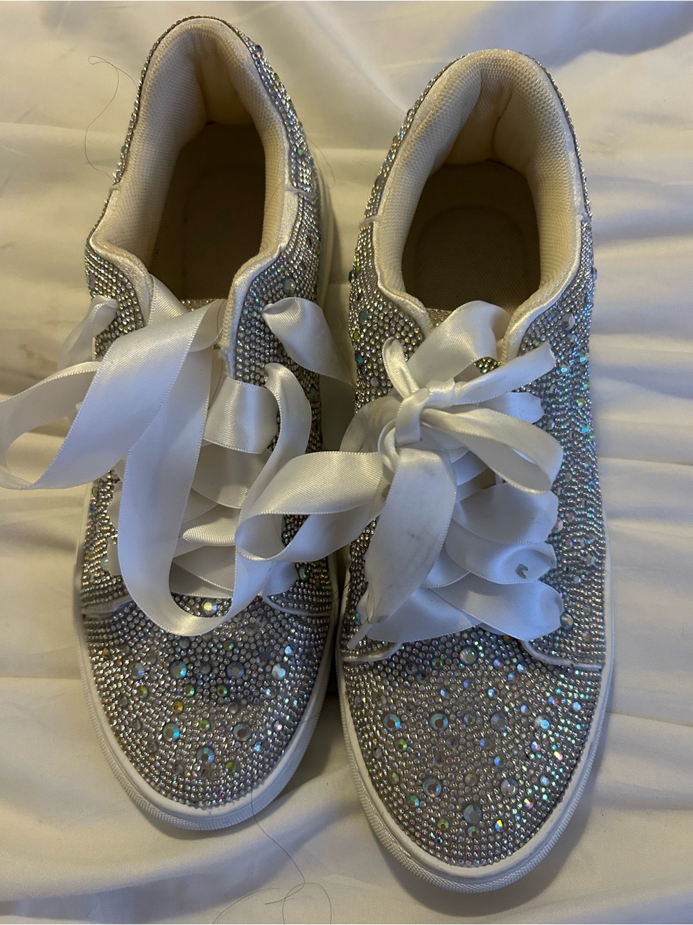 Women's Crystal-Embellished White Sneakers with Satin Laces brides dream sneaker